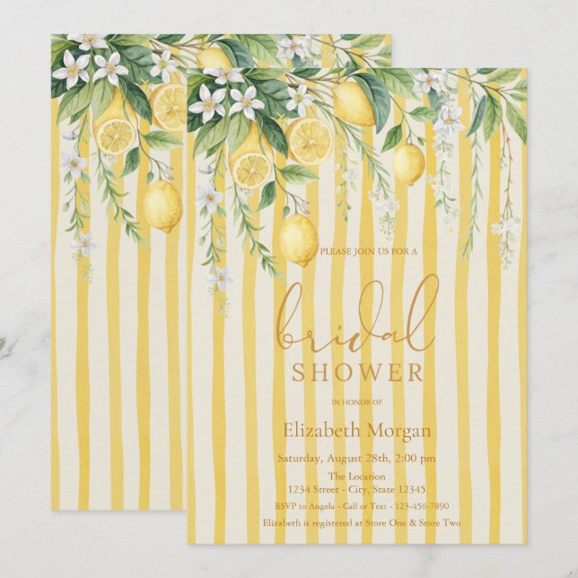 Convites  Blooming Lemons Yellow Striped Bridal Shower (Frente/Verso)