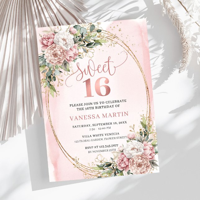 Convites Blooming Pastel Pink Flowers Eucalyptus 16th Bday (Blooming Pastel Pink Flowers Eucalyptus 16th Birthday Invite

)