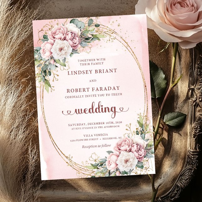Convites Blooming Rose Gold Blush Floral Eucalyptus Wedding (Blooming Rose Gold Blush Floral Eucalyptus Wedding Invite

)