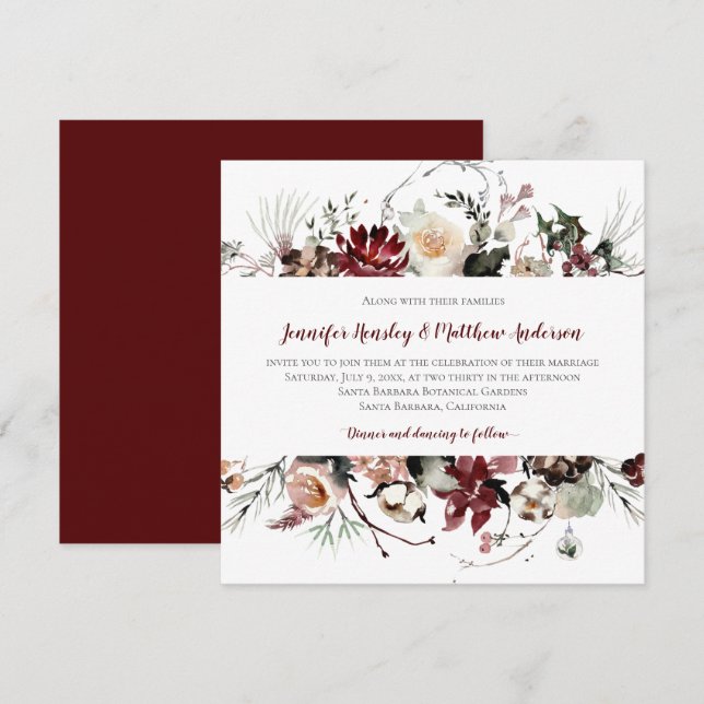 Convites Blooms de inverno - Casamento de texto urgundy | (Frente/Verso)