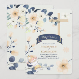 Convites Blossomo marinho Azul e Amarelo Batismo Cristão