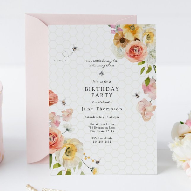 Convites Blossoms and Honey Bee Birthday Girl Invitation (Criador carregado)