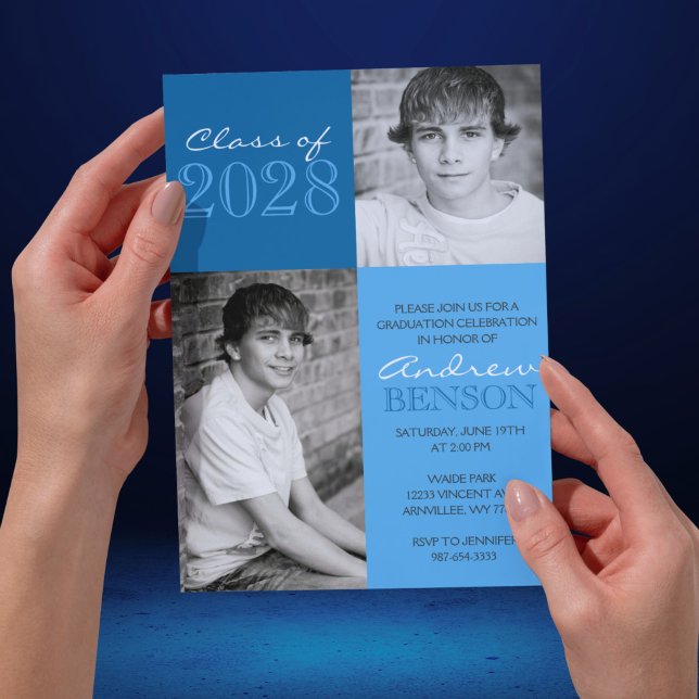 Convites Blue 2 Toned Classic 2 Photo Graduação (Classic 2 Photo 2 Toned Blue Graduation Invitations)