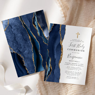 Convites Blue Agate Dourado Glitter Primeira Comunhão Santa