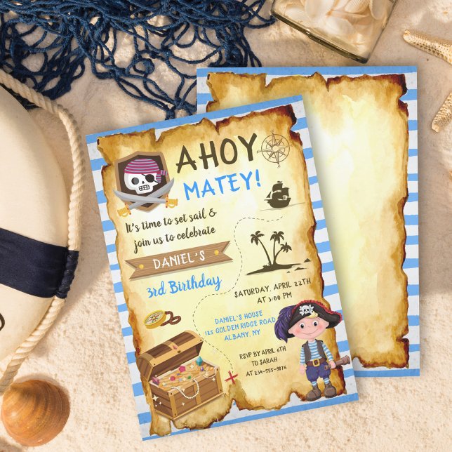 Convites Blue Ahoy Treasure Map Boys Pirata Ahoy (Criador carregado)