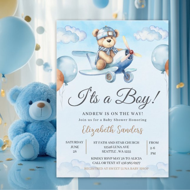 Convites Blue Airplane Teddy Bear Baby Shower Invitation (Criador carregado)