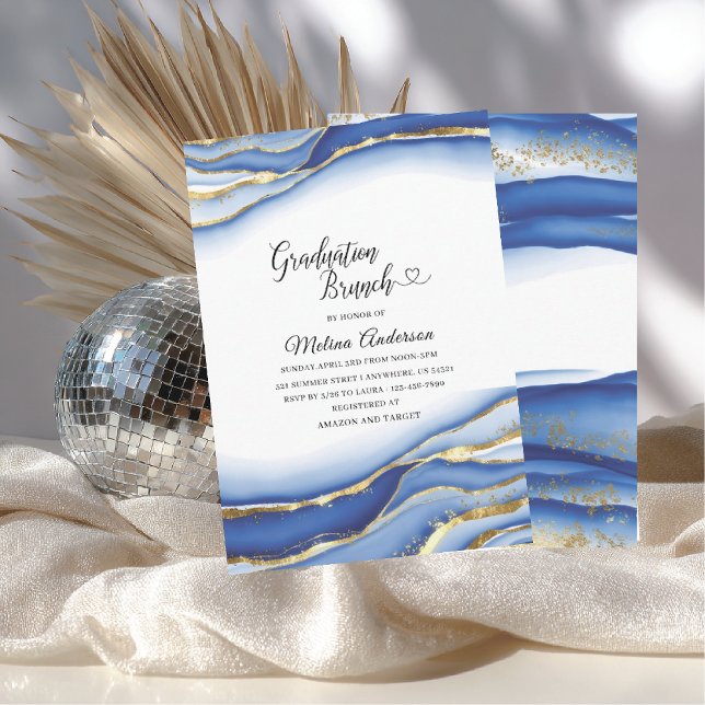 Convites Blue Alcohol Ink Texture watercolor  graduation br (Criador carregado)