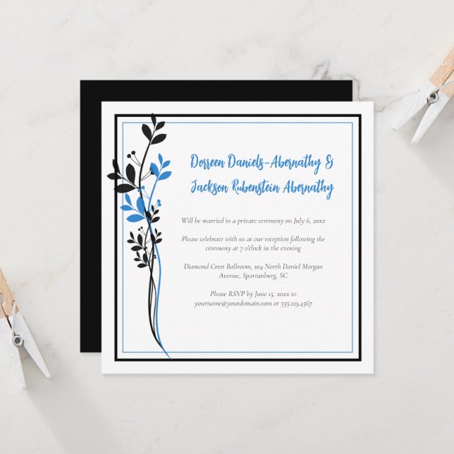 Convites Blue and Black Modern Botanical Reception Only | (Frente/Verso In Situ)