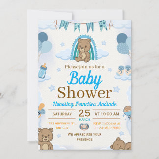 Convites blue and brown watercolor illustration baby shower