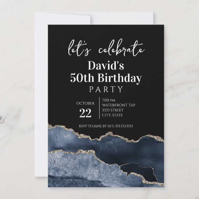 Convites Blue and Gold Agate 50th Birthday Party (Frente)