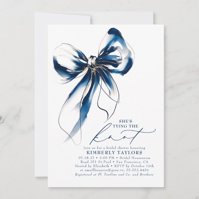 Convites Blue and Gold Bow Elegant Whimsical Bridal Shower (Frente)