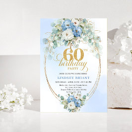 Convites Blue and Gold Greenery 60th Birthday Invitation