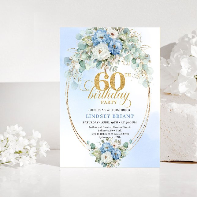 Convites Blue and Gold Greenery 60th Birthday Invitation (Blue and Gold Greenery 60th Birthday Invitation)