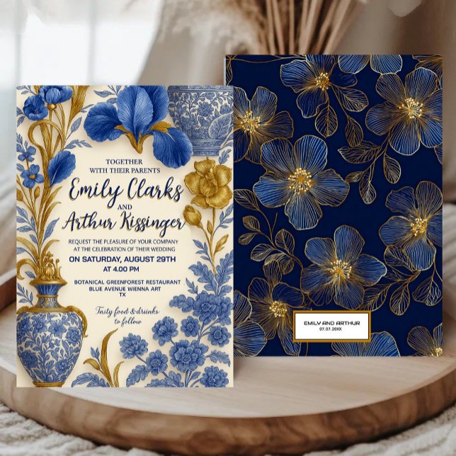 Convites Blue and Gold Luxury Floral Wedding Invitation  (Criador carregado)