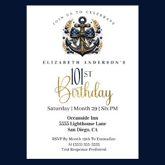 Convites Blue and Gold Nautical Bow Anchor 101st Birthday