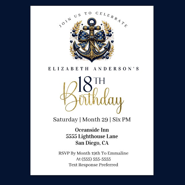 Convites Blue and Gold Nautical Bow Anchor 18th Birthday (Navy blue and gold nautical anchor 18th birthday invitation)