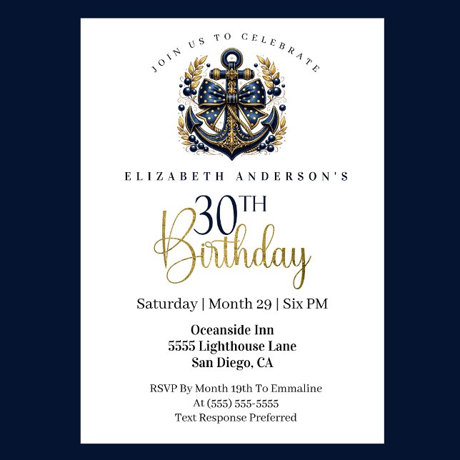 Convites Blue and Gold Nautical Bow Anchor 30th Birthday (Blue and gold nautical anchor 30th birthday invitation)