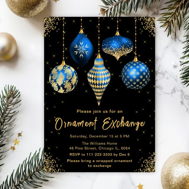 Convites Blue and Gold Ornament Exchange Party (Criador carregado)