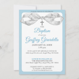Convites Blue and Gray Watercolor Bow & Cross Baptism