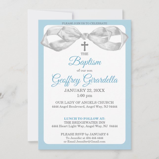 Convites Blue and Gray Watercolor Bow & Cross Baptism (Frente)