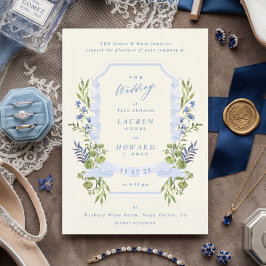 Convites blue and greenery garden crest wreath wedding