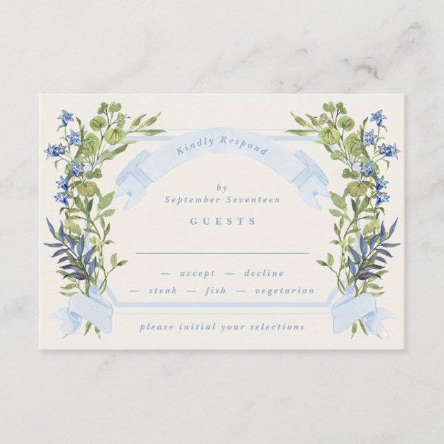 Convites blue and greenery garden crest wreath wedding rsvp (Frente)