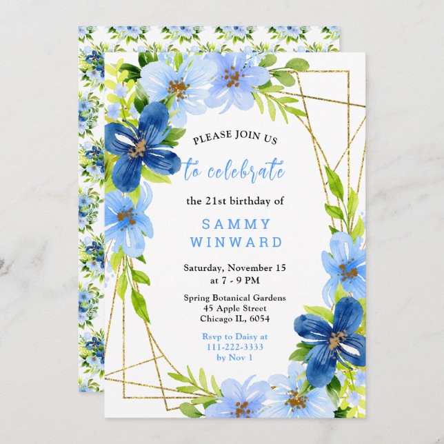 Convites Blue and Navy Flowers with Foliage Birthday (Frente/Verso)