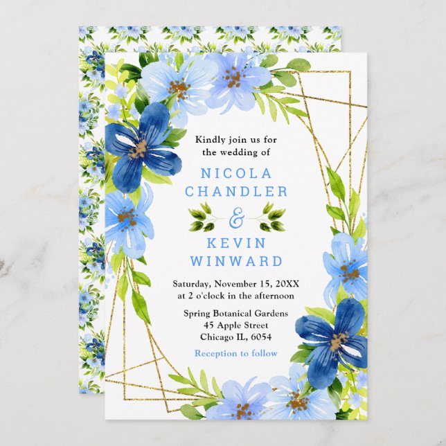 Convites Blue and Navy Flowers with Foliage Wedding (Frente/Verso)