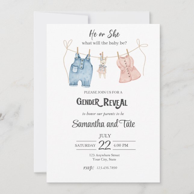Convites Blue and Pink Gender Reveal Invitation (Frente)