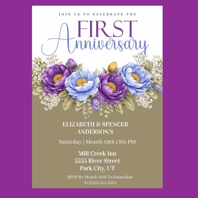 Convites Blue and Purple Peony 1st Wedding Anniversary (Elegant blue and purple peony floral 1st wedding anniversary invitation)