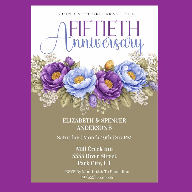 Convites Blue and Purple Peony 50th Wedding Anniversary (Elegant blue and purple peony floral 50th wedding anniversary invitation)