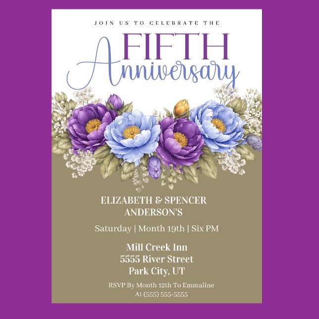 Convites Blue and Purple Peony 5th Wedding Anniversary (Elegant blue and purple peony floral 5th wedding anniversary invitation)