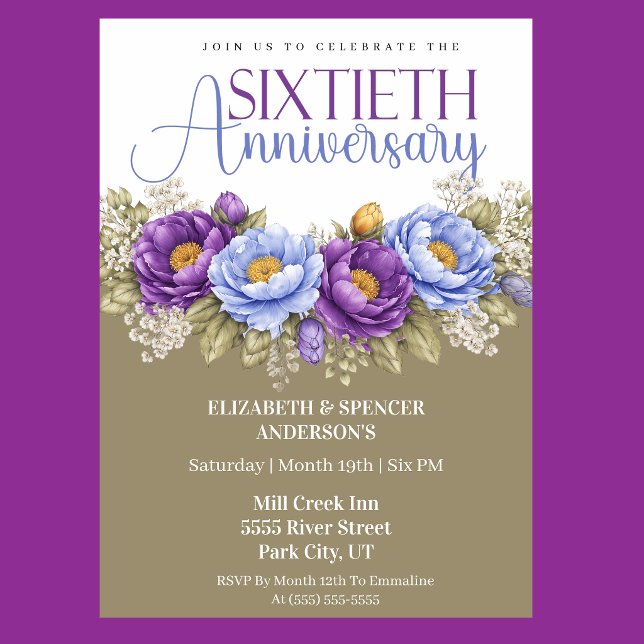 Convites Blue and Purple Peony 60th Wedding Anniversary (Elegant blue and purple peony floral 60th wedding anniversary invitation)