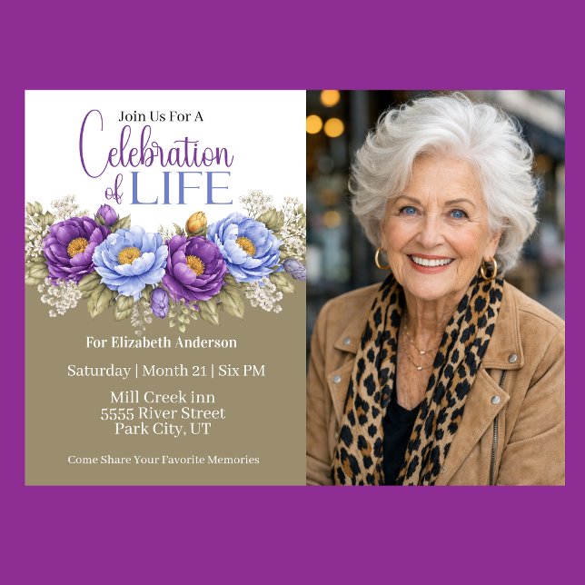 Convites Blue and Purple Peony Celebration Of Life (Elegant blue and purple peony floral celebration of life invitation)