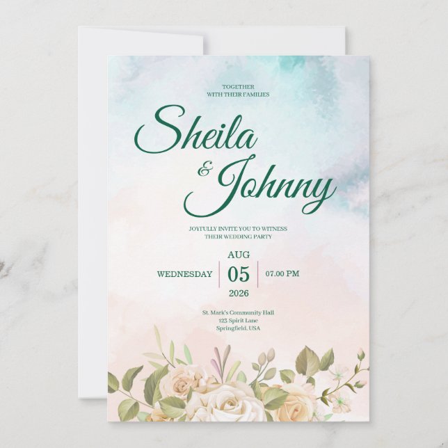 Convites Blue and Salmon Pastel Elegance Wedding Invitation (Verso)