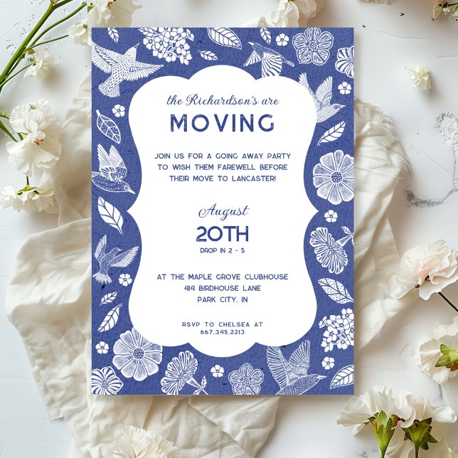 Convites Blue and White Birds Moving Away Party Invitation (Criador carregado)