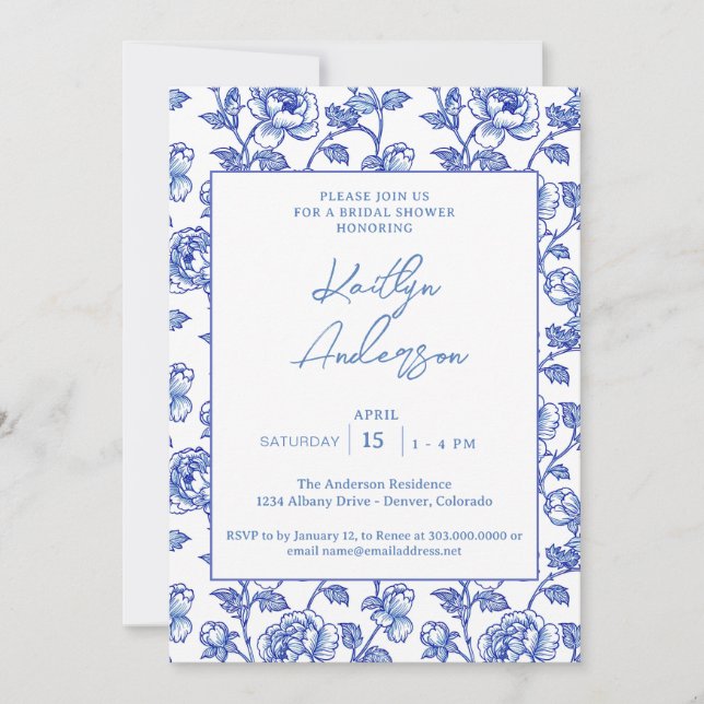 Convites Blue and White Chinoiserie Bridal Shower (Frente)
