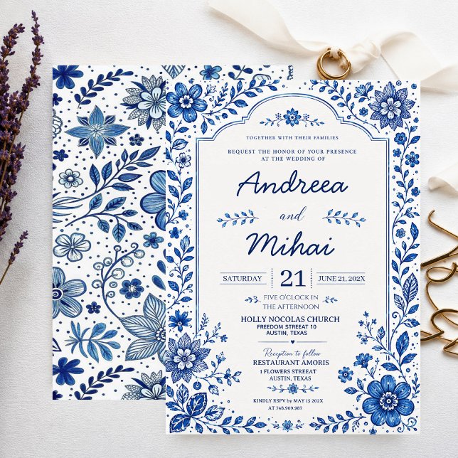 Convites Blue and White Floral Elegant Botanical Classic  (Criador carregado)