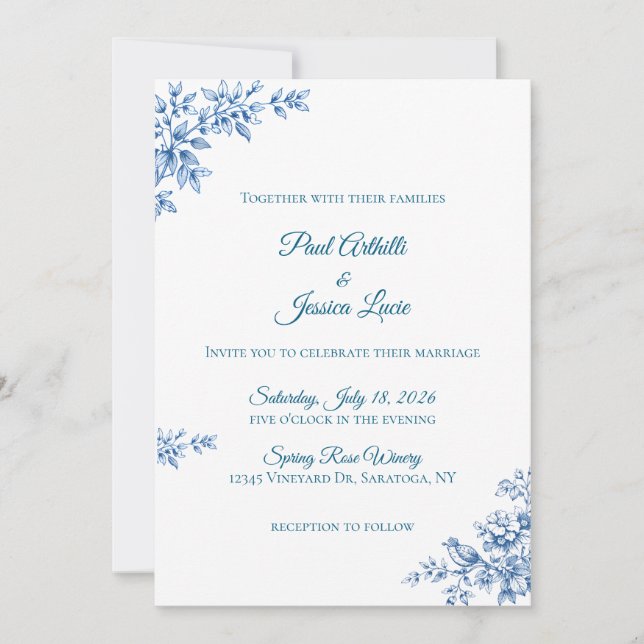 Convites Blue and White Floral Wedding Invitation (Frente)