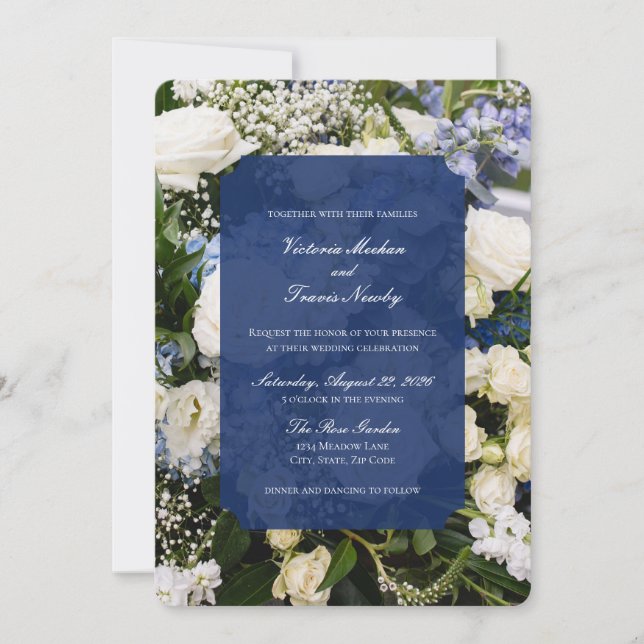 Convites blue and white floral wedding invitation (Frente)