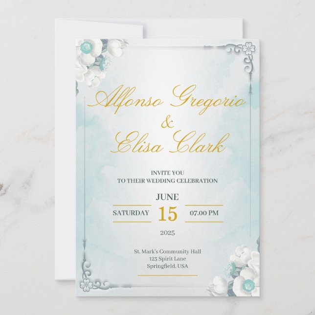 Convites Blue and White Flower Beauty Wedding Invitation (Frente)