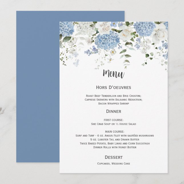 Convites Blue and White Hydrangeas White Roses Wedding Menu (Frente/Verso)