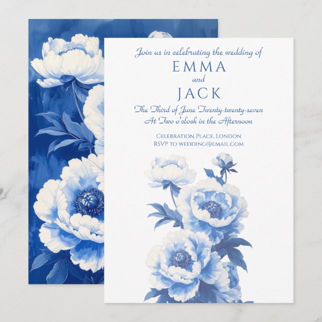 Convites Blue and white peonies wedding invitation (Frente/Verso)