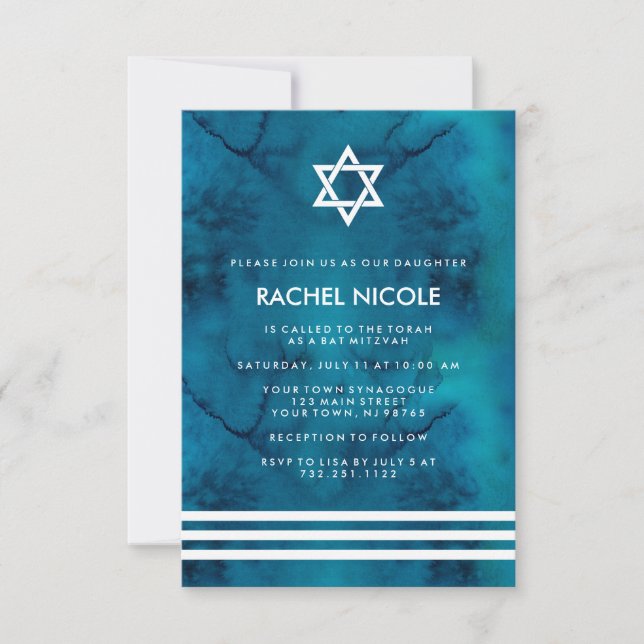 Convites Blue and White Watercolor Stripes Mitzvah (Frente)