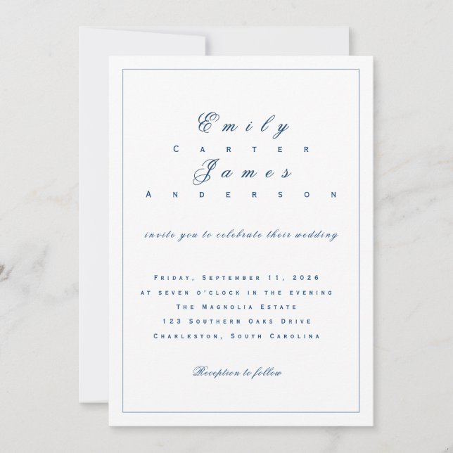 Convites Blue and White Wedding Invitation (Frente)