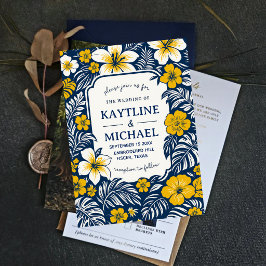 Convites Blue and Yellow Floral Elegant Hawaiian Hibiscus