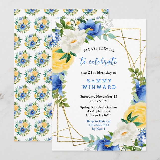 Convites Blue and Yellow Flowers with Foliage Birthday (Frente/Verso)
