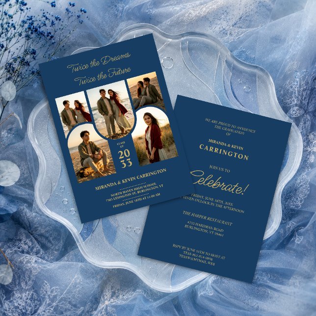 Convites Blue Arched Collage Double Grads Twins TMF26 (Stylish double graduation invitation with five arched photo placeholders and gold faux effect.)