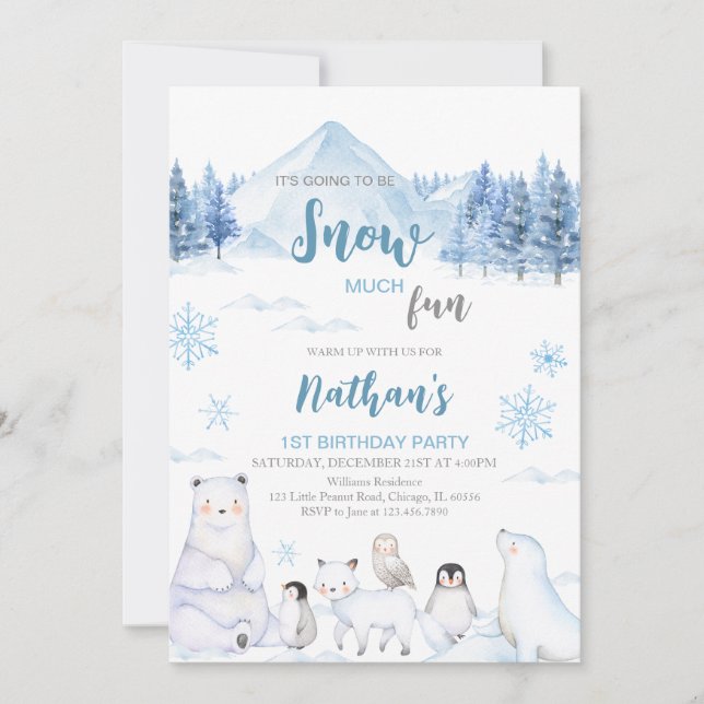 Convites Blue Arctic Animals Birthday Invitation (Frente)