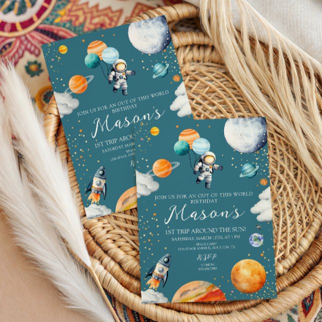 Convites Blue Astronaut Balloon Planets 1st Trip Around (Criador carregado)